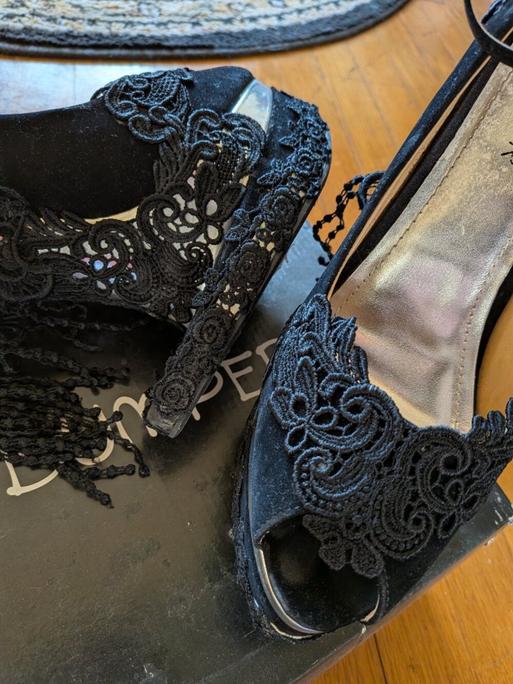 Bumper Black Silver Heel-less Wedge Platform Peep toe Pumps - Picture 6 of 6
